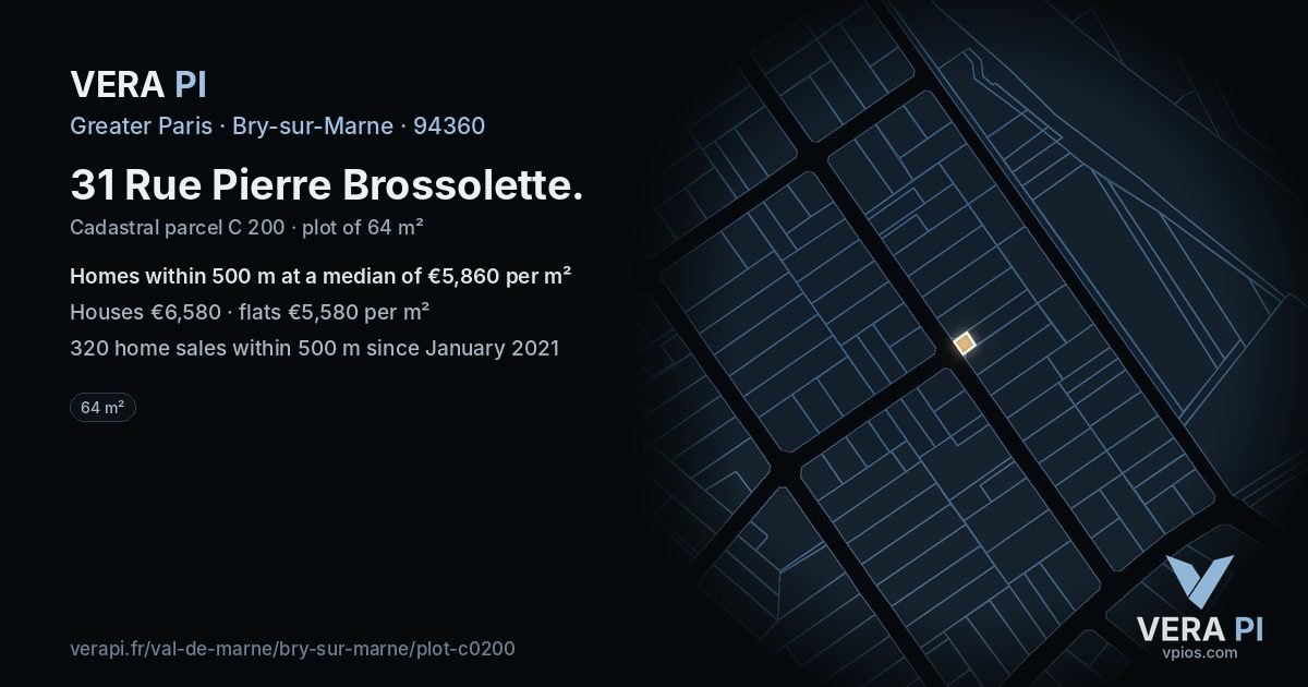 31 Rue Pierre Brossolette, Bry-sur-Marne at night – the plot lit, the parcels around coloured by the prices near them