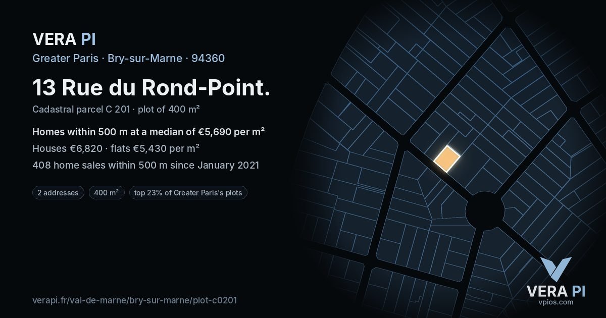 13 Rue du Rond-Point, Bry-sur-Marne at night – the plot lit, the parcels around coloured by the prices near them