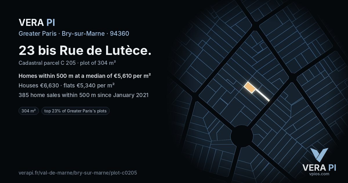23 bis Rue de Lutèce, Bry-sur-Marne at night – the plot lit, the parcels around coloured by the prices near them
