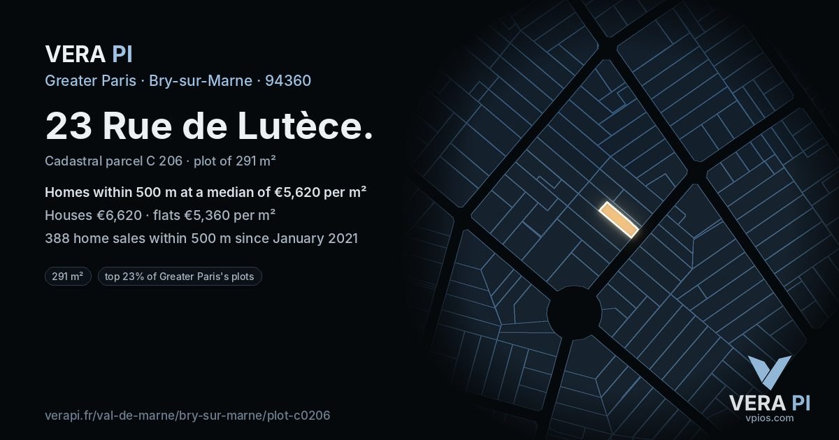 23 Rue de Lutèce, Bry-sur-Marne at night – the plot lit, the parcels around coloured by the prices near them
