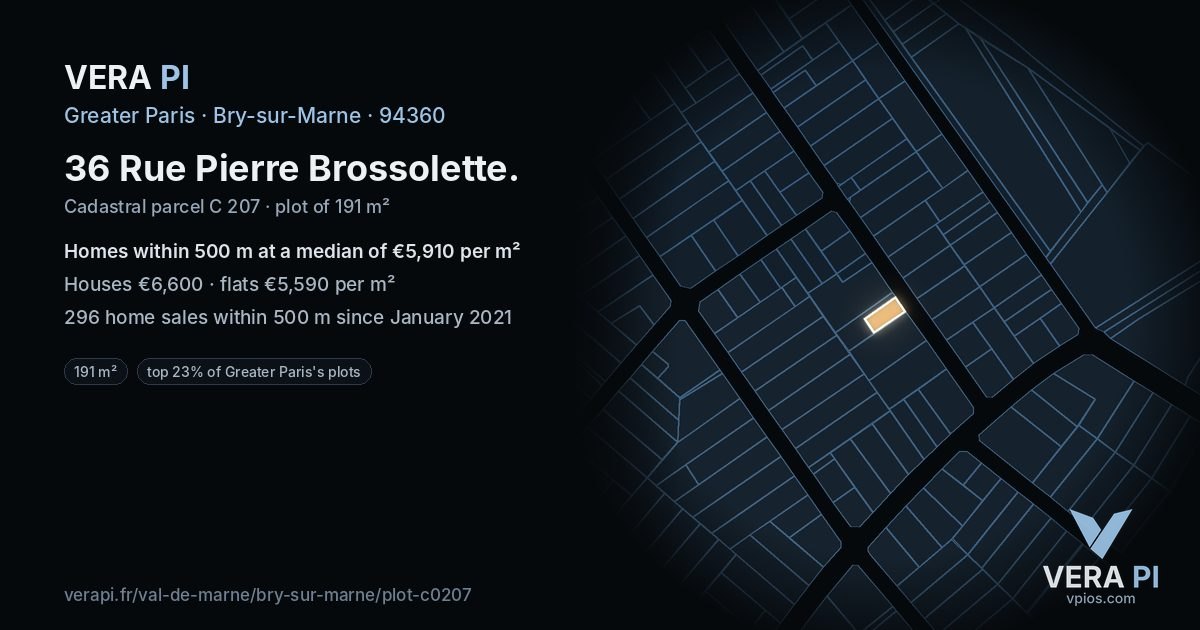 36 Rue Pierre Brossolette, Bry-sur-Marne at night – the plot lit, the parcels around coloured by the prices near them