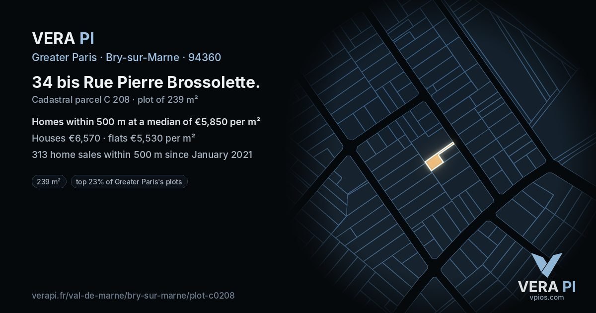 34 bis Rue Pierre Brossolette, Bry-sur-Marne at night – the plot lit, the parcels around coloured by the prices near them