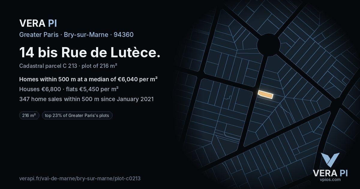 14 bis Rue de Lutèce, Bry-sur-Marne at night – the plot lit, the parcels around coloured by the prices near them