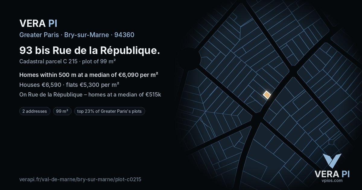 93 bis Rue de la République, Bry-sur-Marne at night – the plot lit, the parcels around coloured by the prices near them