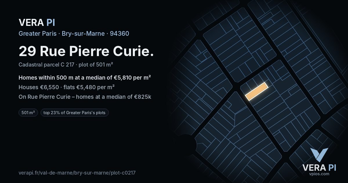 29 Rue Pierre Curie, Bry-sur-Marne at night – the plot lit, the parcels around coloured by the prices near them