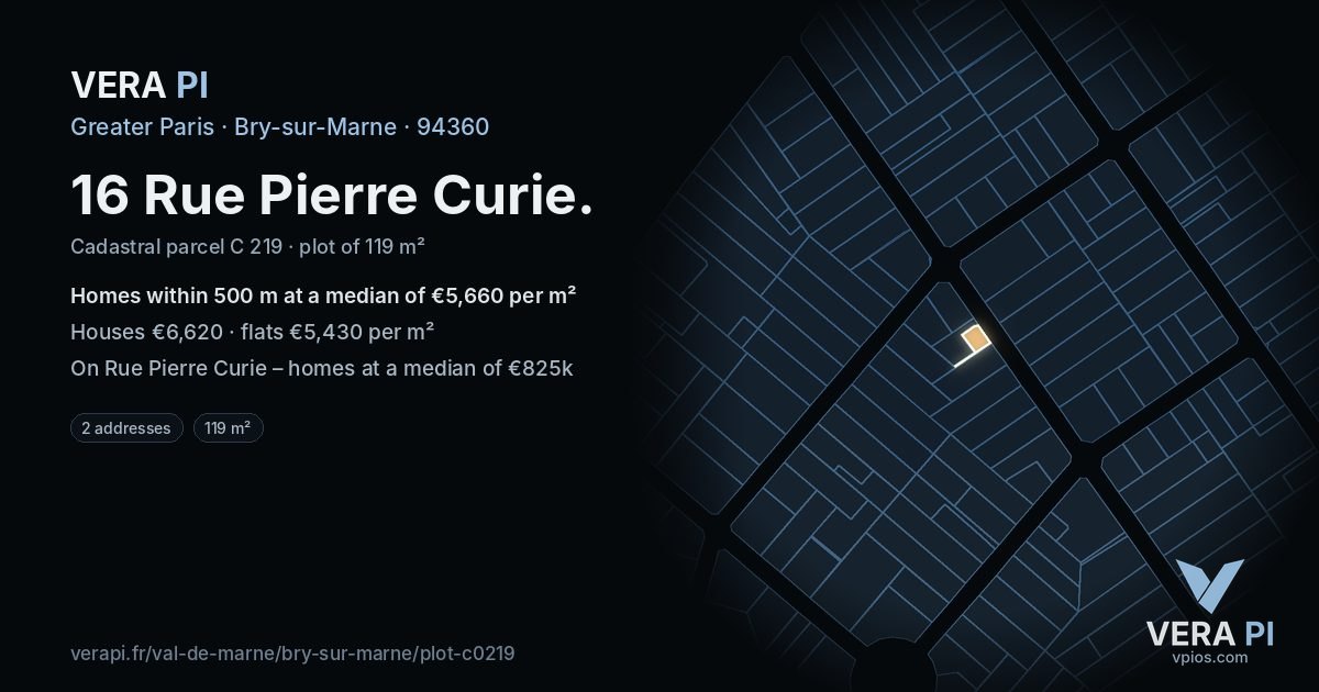 16 Rue Pierre Curie, Bry-sur-Marne at night – the plot lit, the parcels around coloured by the prices near them