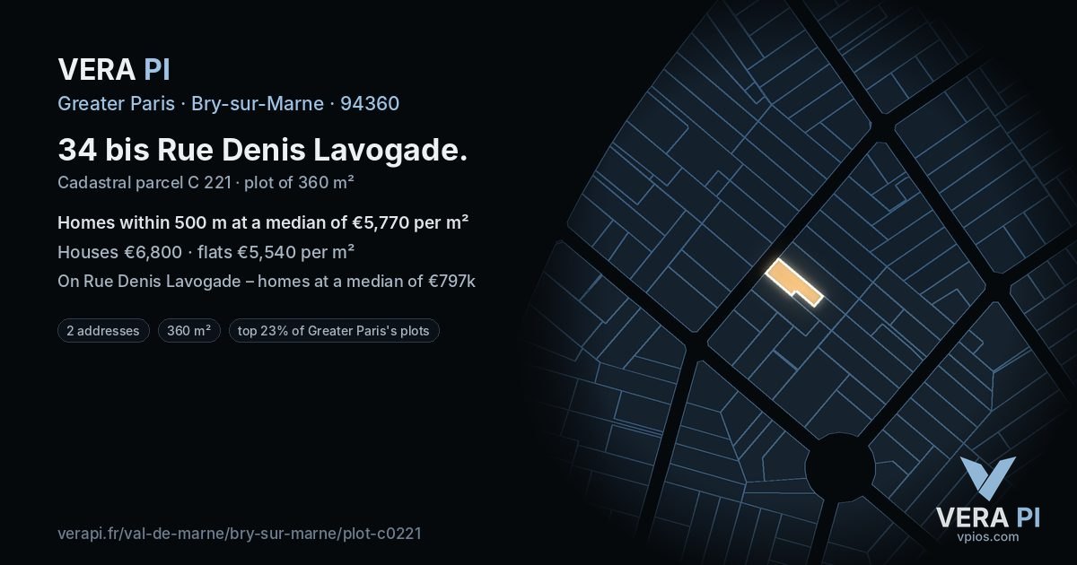 34 bis Rue Denis Lavogade, Bry-sur-Marne at night – the plot lit, the parcels around coloured by the prices near them