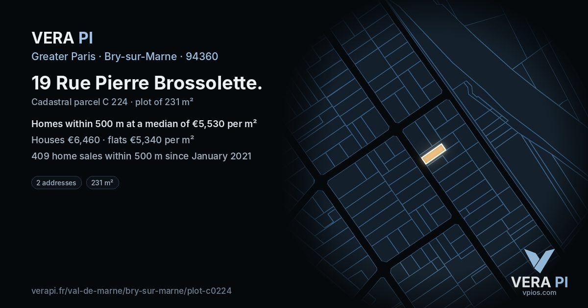 19 Rue Pierre Brossolette, Bry-sur-Marne at night – the plot lit, the parcels around coloured by the prices near them