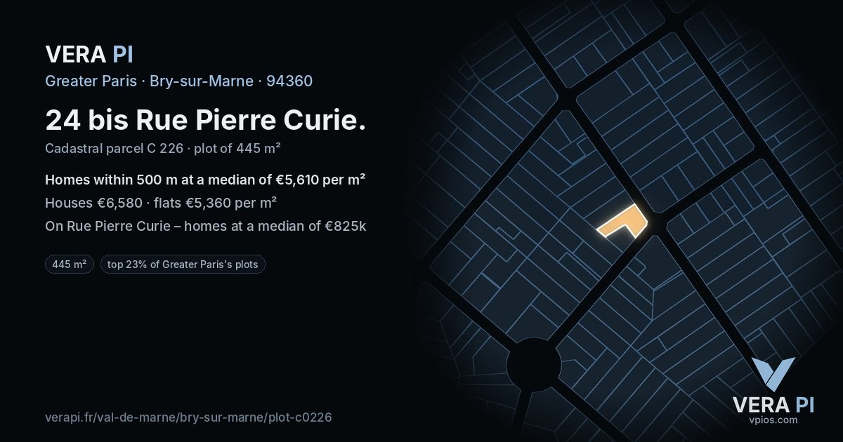 24 bis Rue Pierre Curie, Bry-sur-Marne at night – the plot lit, the parcels around coloured by the prices near them