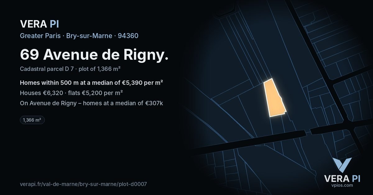 69 Avenue de Rigny, Bry-sur-Marne at night – the plot lit, the parcels around coloured by the prices near them