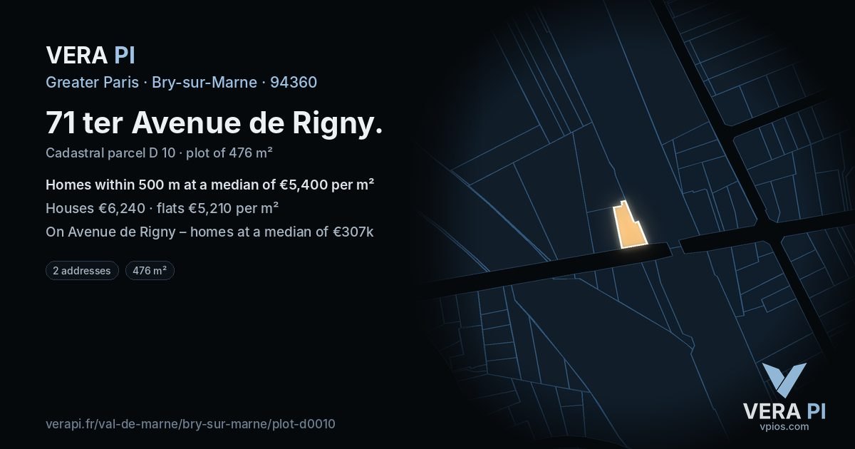 71 ter Avenue de Rigny, Bry-sur-Marne at night – the plot lit, the parcels around coloured by the prices near them