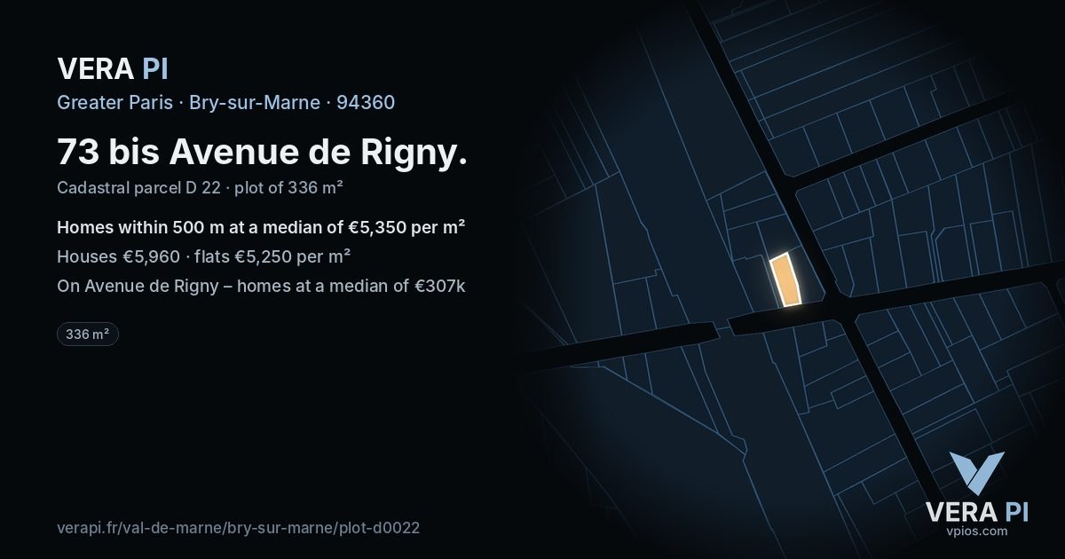 73 bis Avenue de Rigny, Bry-sur-Marne at night – the plot lit, the parcels around coloured by the prices near them