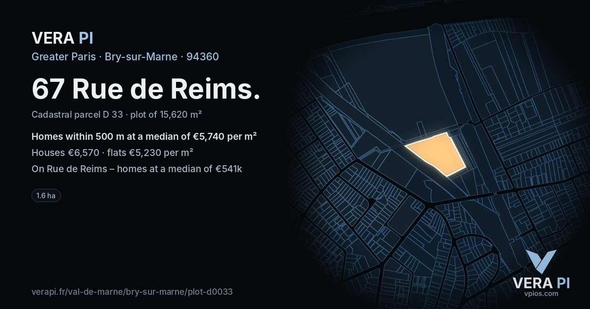 67 Rue de Reims, Bry-sur-Marne at night – the plot lit, the parcels around coloured by the prices near them
