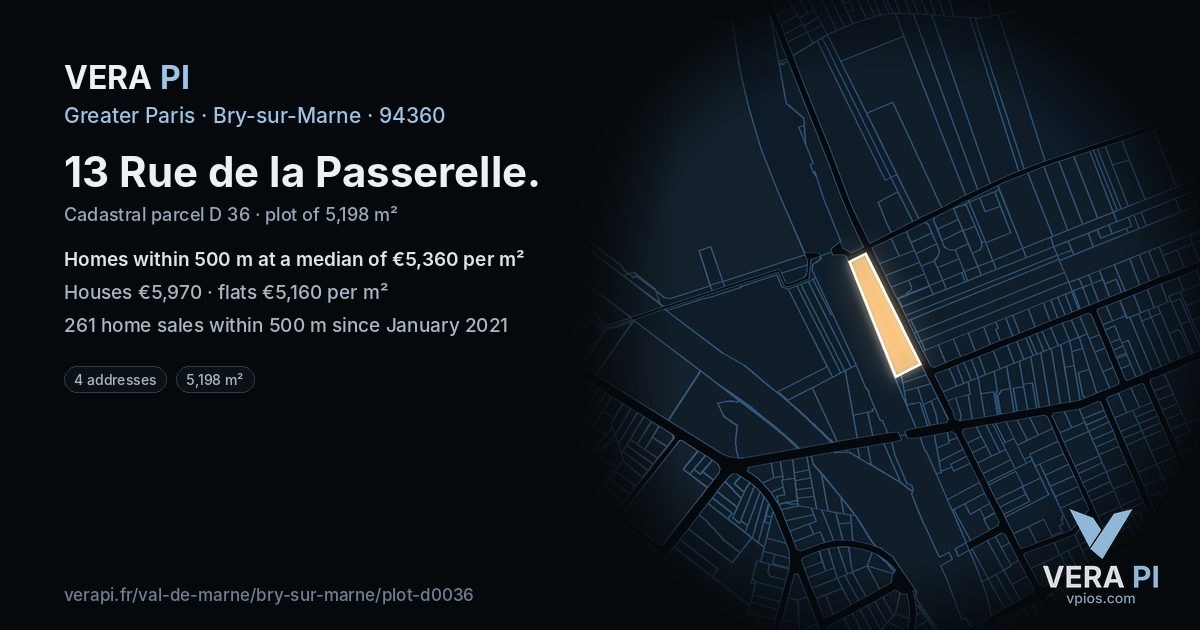 13 Rue de la Passerelle, Bry-sur-Marne at night – the plot lit, the parcels around coloured by the prices near them