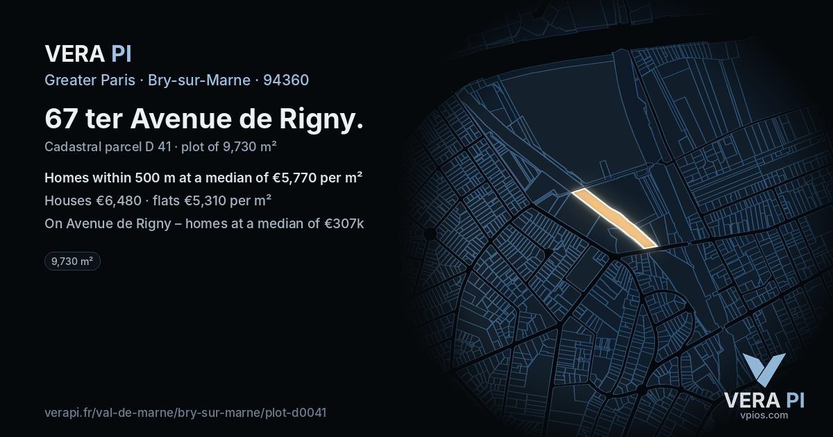67 ter Avenue de Rigny, Bry-sur-Marne at night – the plot lit, the parcels around coloured by the prices near them