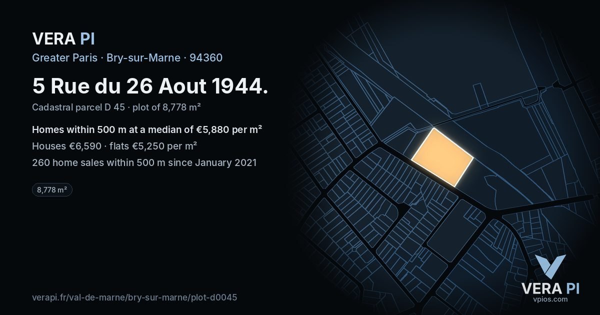 5 Rue du 26 Aout 1944, Bry-sur-Marne at night – the plot lit, the parcels around coloured by the prices near them