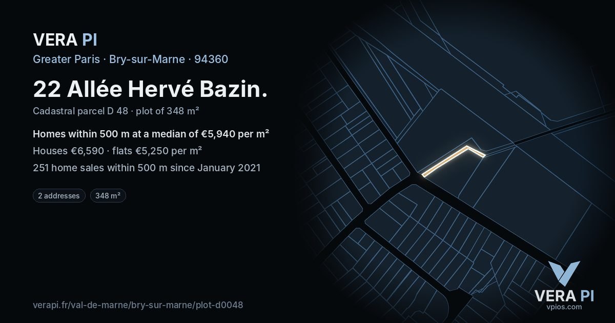 22 Allée Hervé Bazin, Bry-sur-Marne at night – the plot lit, the parcels around coloured by the prices near them