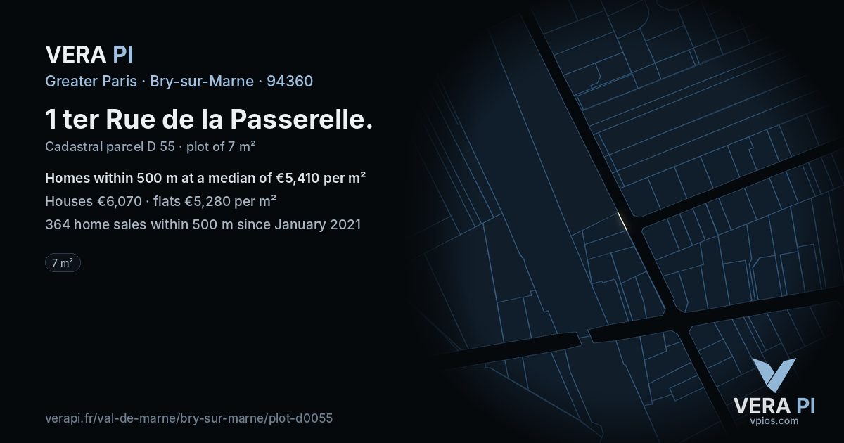 1 ter Rue de la Passerelle, Bry-sur-Marne at night – the plot lit, the parcels around coloured by the prices near them