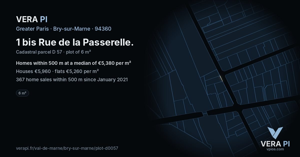 1 bis Rue de la Passerelle, Bry-sur-Marne at night – the plot lit, the parcels around coloured by the prices near them