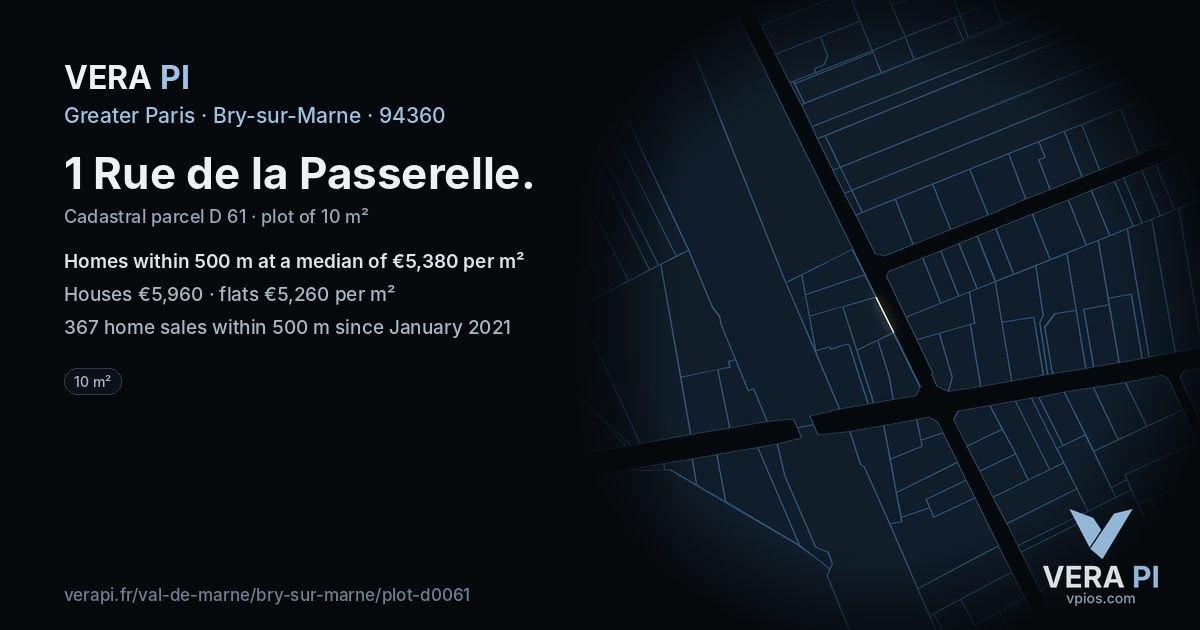 1 Rue de la Passerelle, Bry-sur-Marne at night – the plot lit, the parcels around coloured by the prices near them