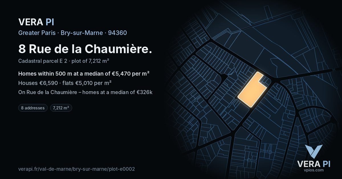 8 Rue de la Chaumière, Bry-sur-Marne at night – the plot lit, the parcels around coloured by the prices near them