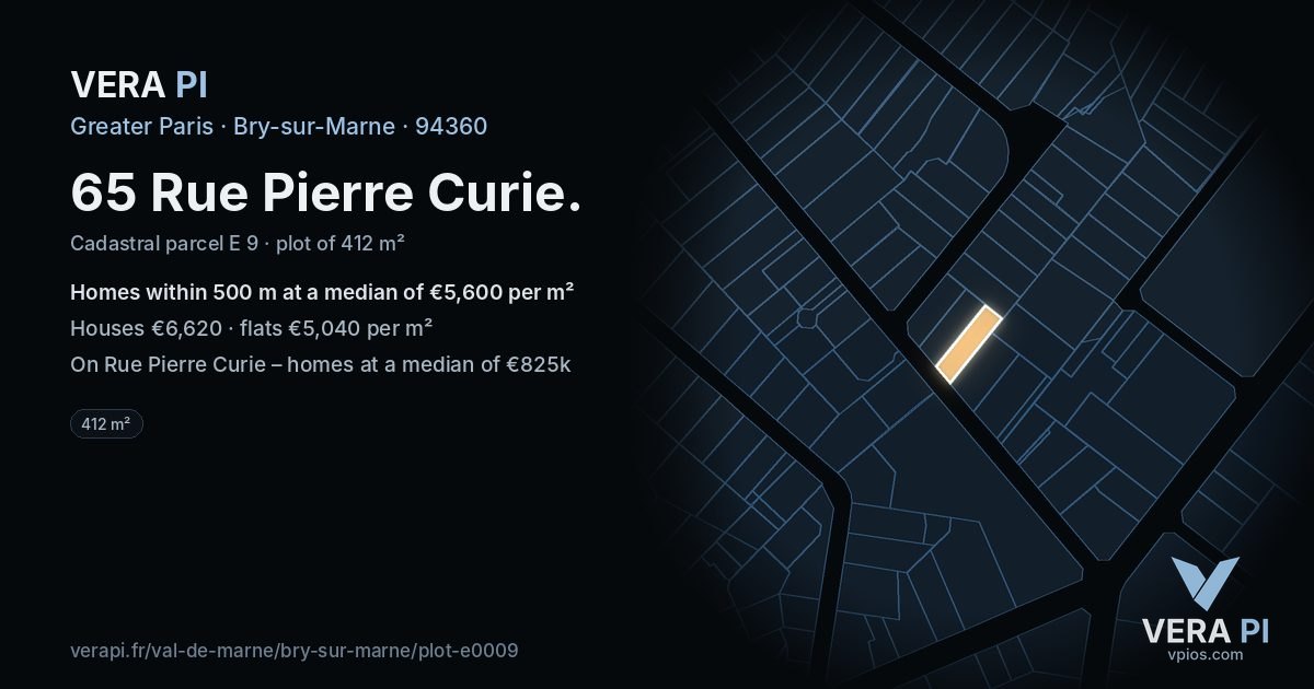 65 Rue Pierre Curie, Bry-sur-Marne at night – the plot lit, the parcels around coloured by the prices near them