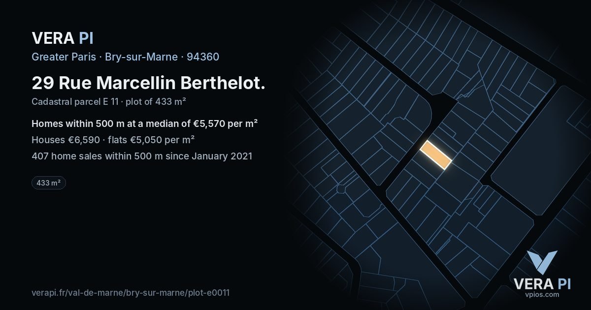 29 Rue Marcellin Berthelot, Bry-sur-Marne at night – the plot lit, the parcels around coloured by the prices near them