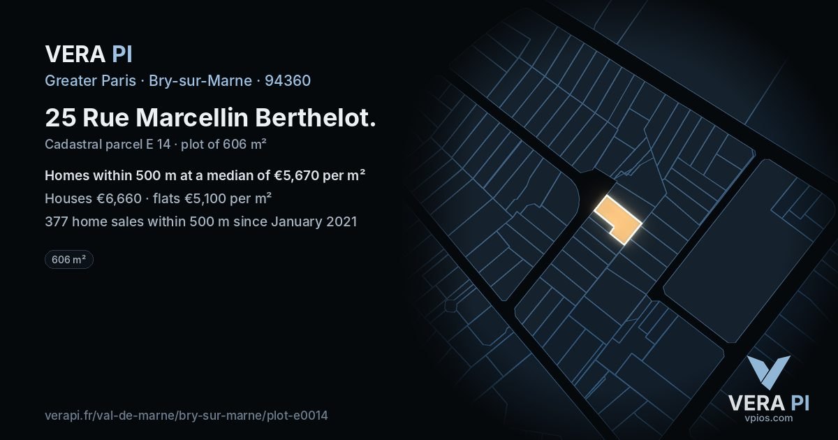 25 Rue Marcellin Berthelot, Bry-sur-Marne at night – the plot lit, the parcels around coloured by the prices near them