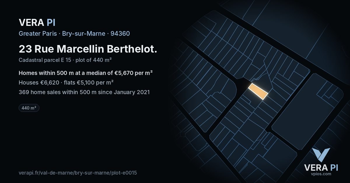 23 Rue Marcellin Berthelot, Bry-sur-Marne at night – the plot lit, the parcels around coloured by the prices near them