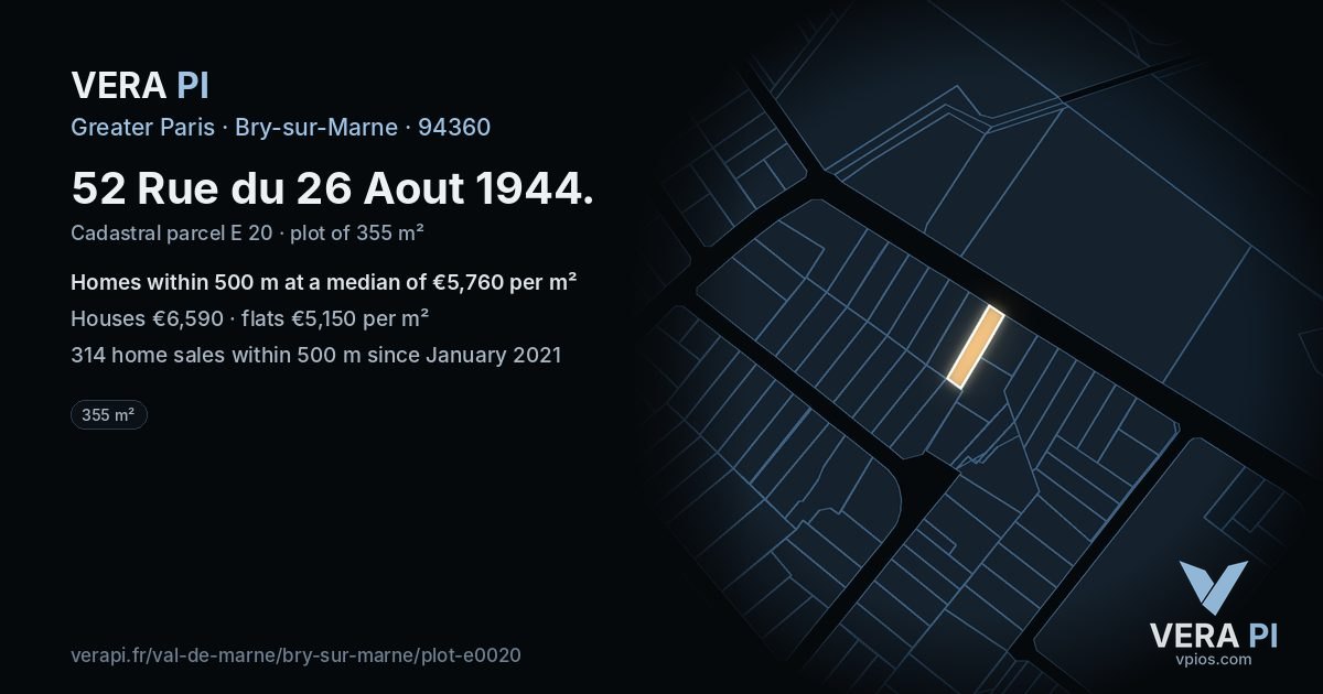 52 Rue du 26 Aout 1944, Bry-sur-Marne at night – the plot lit, the parcels around coloured by the prices near them
