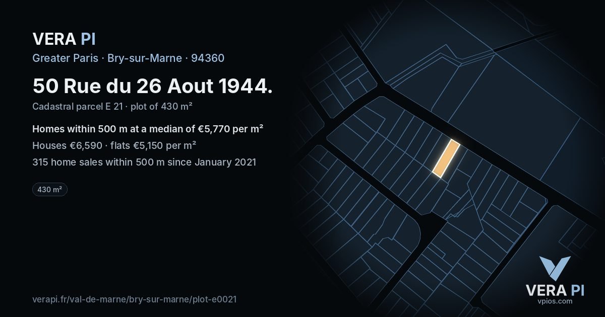 50 Rue du 26 Aout 1944, Bry-sur-Marne at night – the plot lit, the parcels around coloured by the prices near them
