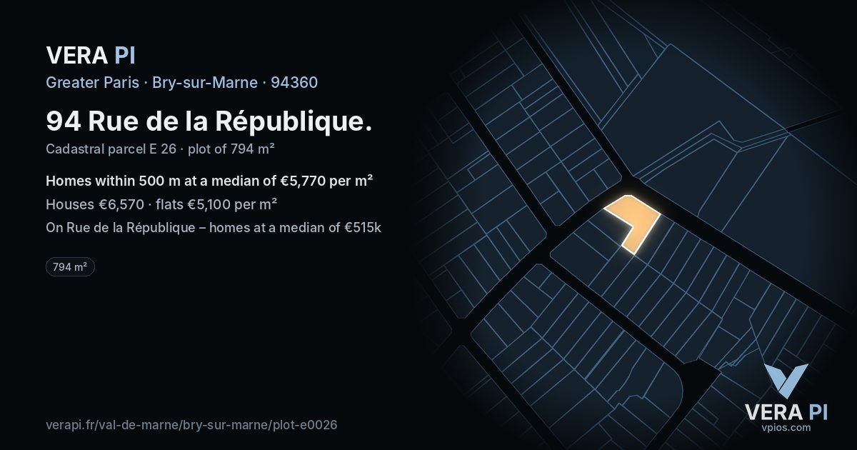 94 Rue de la République, Bry-sur-Marne at night – the plot lit, the parcels around coloured by the prices near them