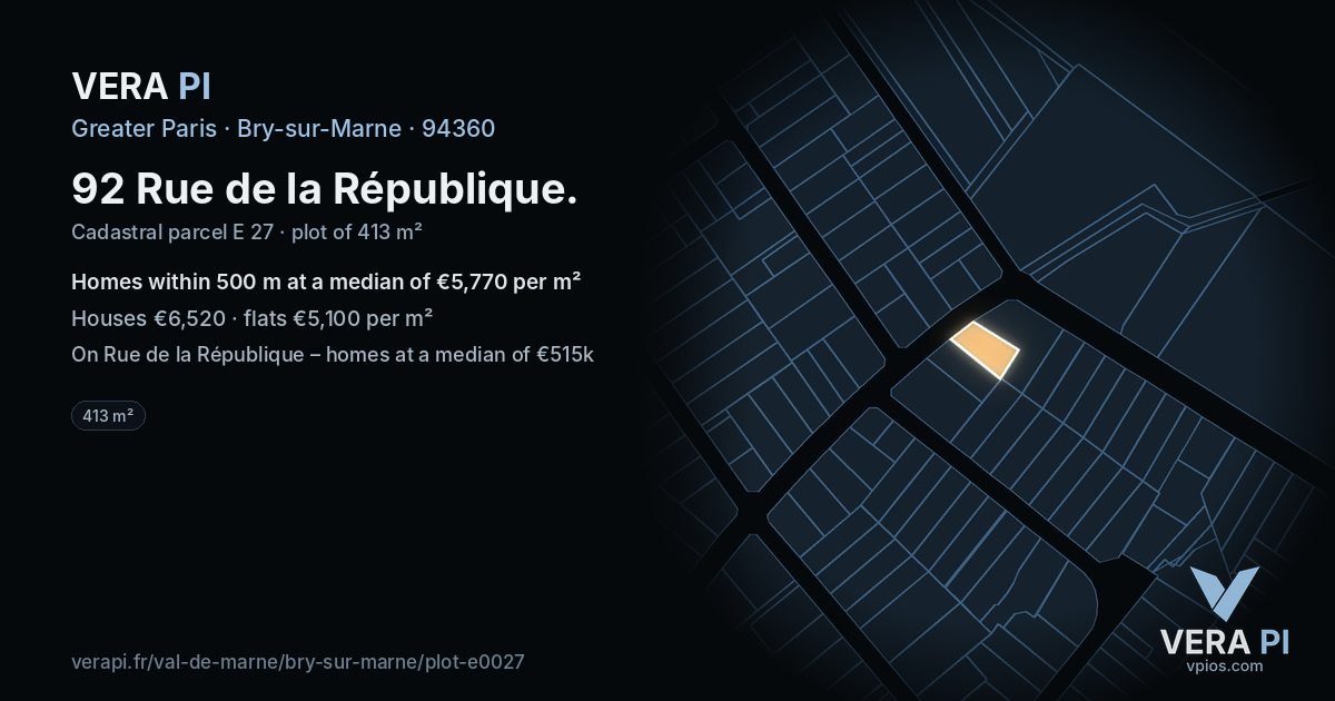 92 Rue de la République, Bry-sur-Marne at night – the plot lit, the parcels around coloured by the prices near them