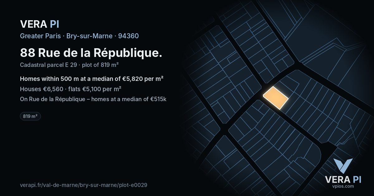 88 Rue de la République, Bry-sur-Marne at night – the plot lit, the parcels around coloured by the prices near them
