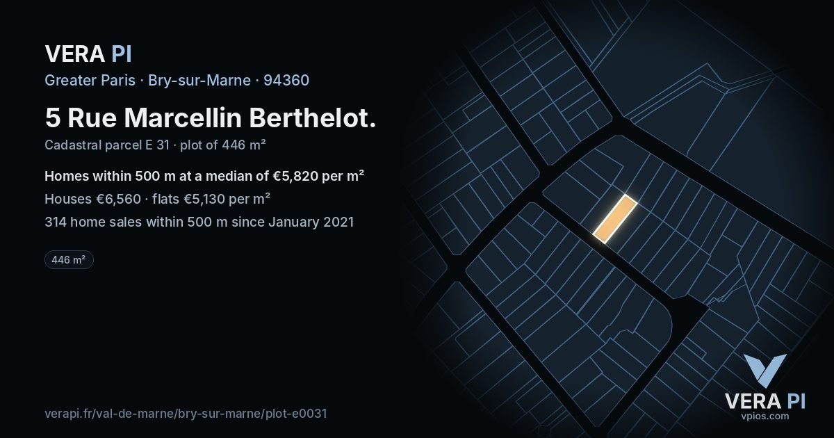 5 Rue Marcellin Berthelot, Bry-sur-Marne at night – the plot lit, the parcels around coloured by the prices near them