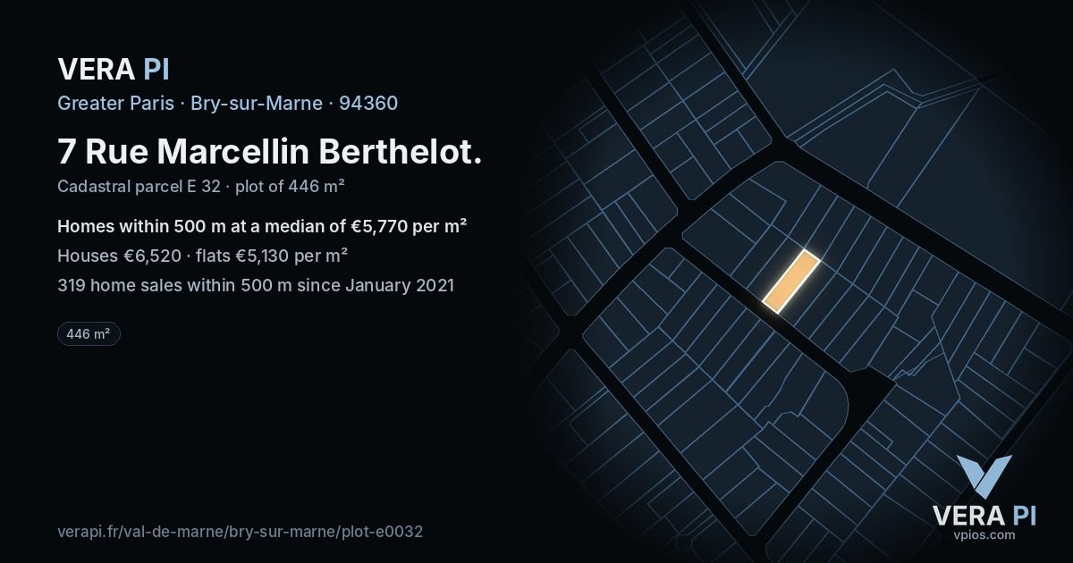 7 Rue Marcellin Berthelot, Bry-sur-Marne at night – the plot lit, the parcels around coloured by the prices near them