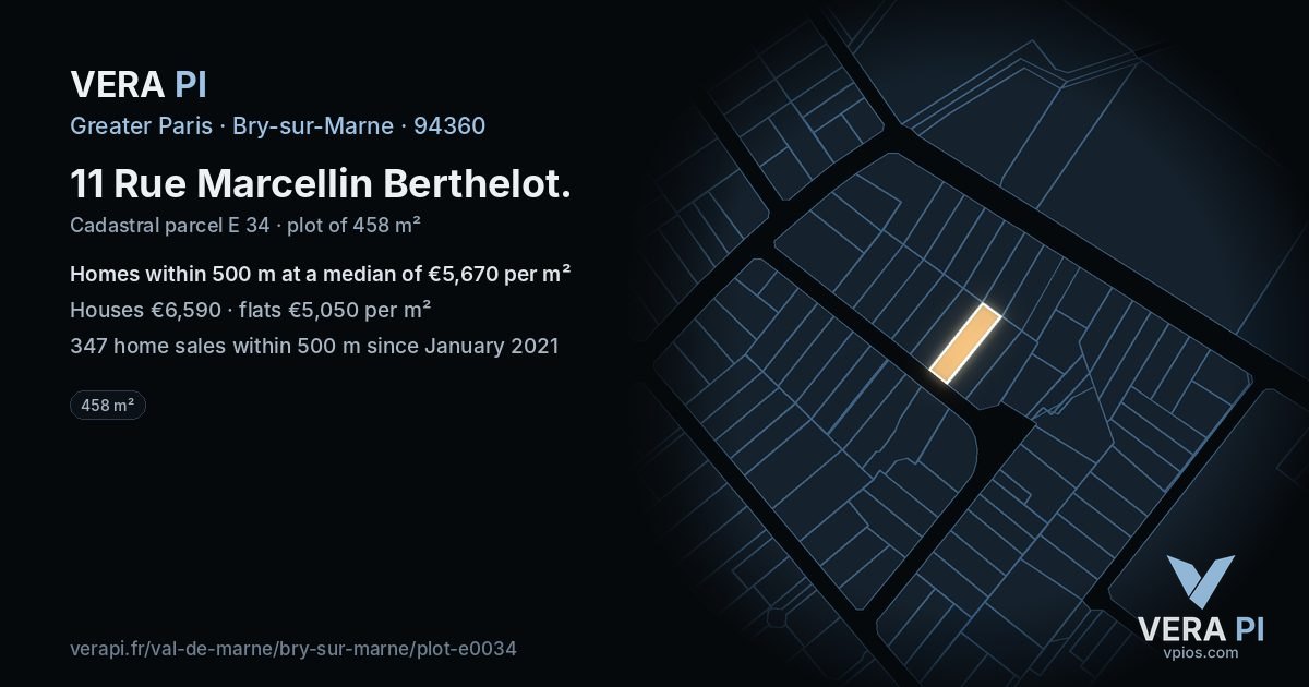 11 Rue Marcellin Berthelot, Bry-sur-Marne at night – the plot lit, the parcels around coloured by the prices near them
