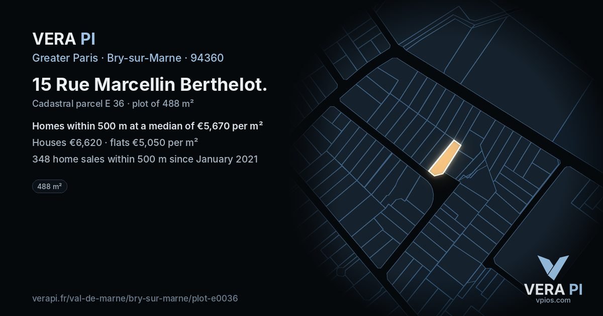 15 Rue Marcellin Berthelot, Bry-sur-Marne at night – the plot lit, the parcels around coloured by the prices near them