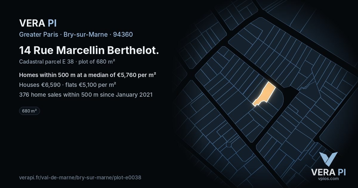 14 Rue Marcellin Berthelot, Bry-sur-Marne at night – the plot lit, the parcels around coloured by the prices near them