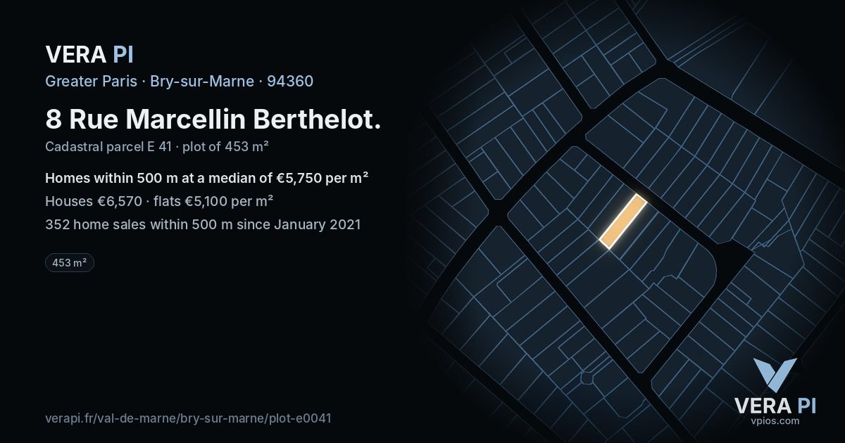 8 Rue Marcellin Berthelot, Bry-sur-Marne at night – the plot lit, the parcels around coloured by the prices near them