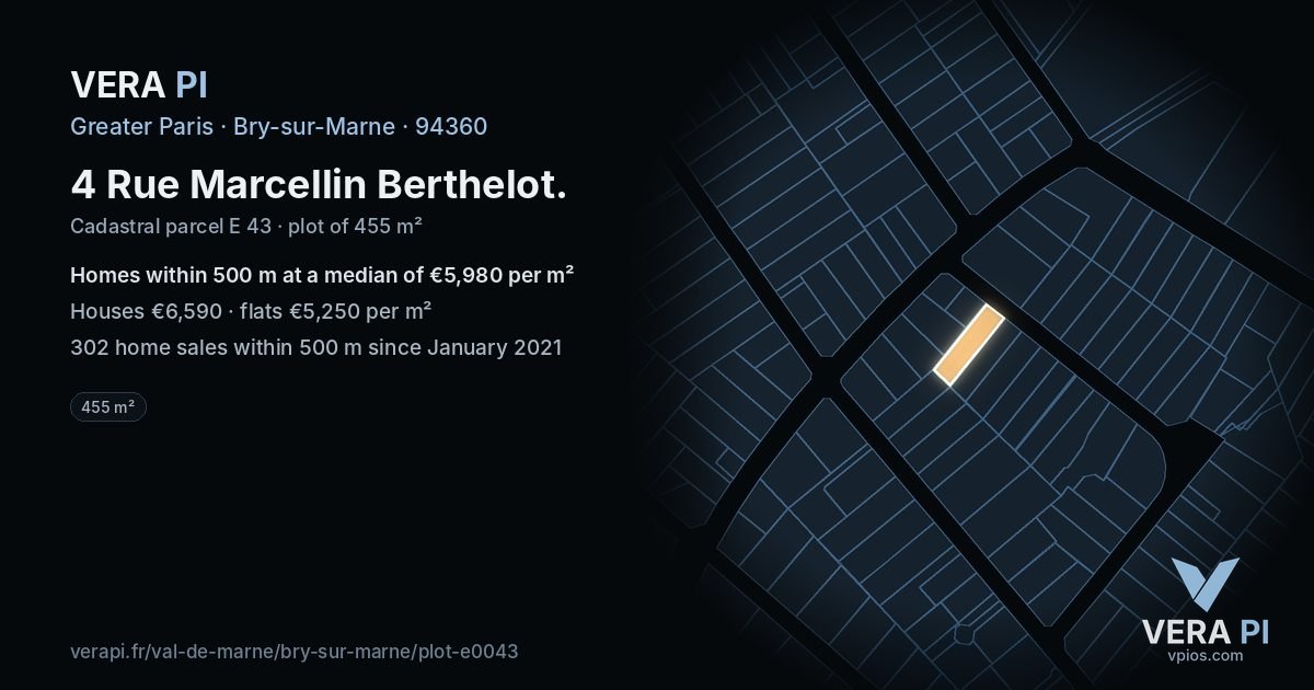 4 Rue Marcellin Berthelot, Bry-sur-Marne at night – the plot lit, the parcels around coloured by the prices near them