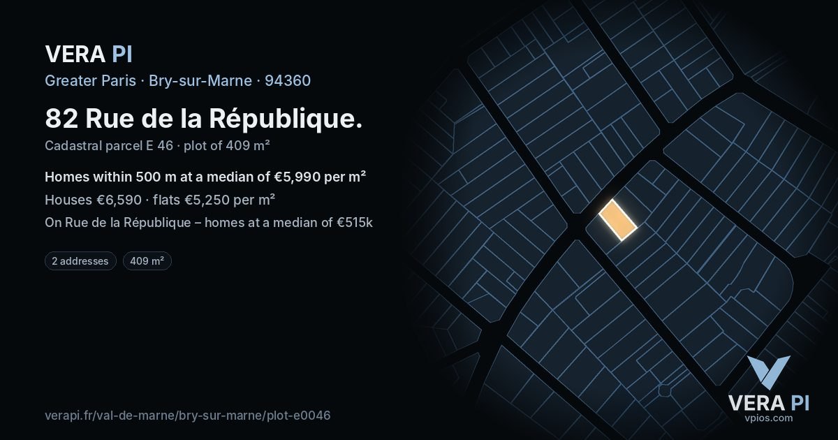 82 Rue de la République, Bry-sur-Marne at night – the plot lit, the parcels around coloured by the prices near them