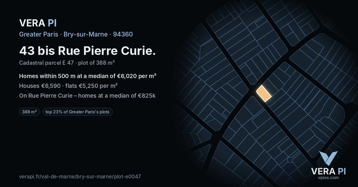 43 bis Rue Pierre Curie, Bry-sur-Marne at night – the plot lit, the parcels around coloured by the prices near them