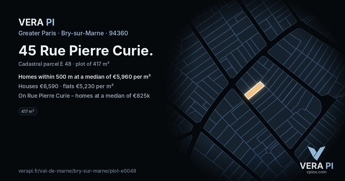 45 Rue Pierre Curie, Bry-sur-Marne at night – the plot lit, the parcels around coloured by the prices near them