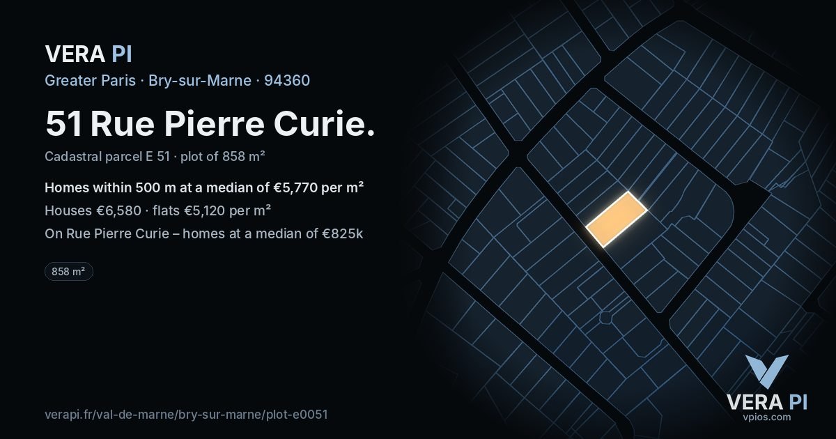 51 Rue Pierre Curie, Bry-sur-Marne at night – the plot lit, the parcels around coloured by the prices near them