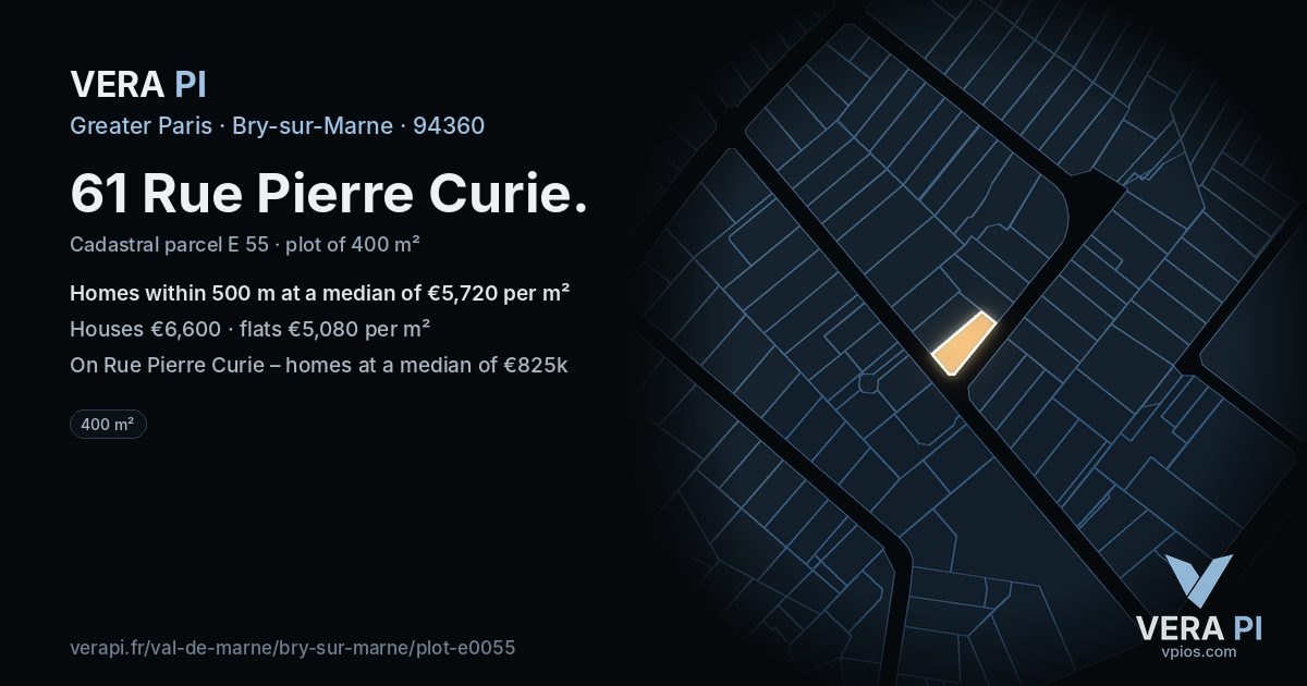 61 Rue Pierre Curie, Bry-sur-Marne at night – the plot lit, the parcels around coloured by the prices near them