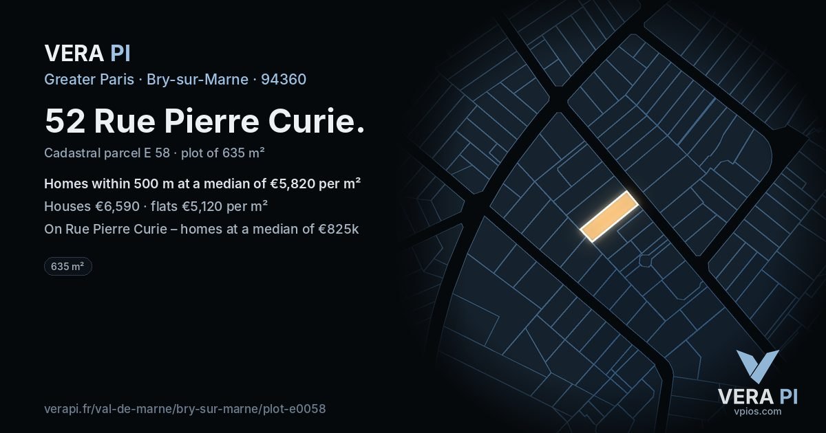 52 Rue Pierre Curie, Bry-sur-Marne at night – the plot lit, the parcels around coloured by the prices near them