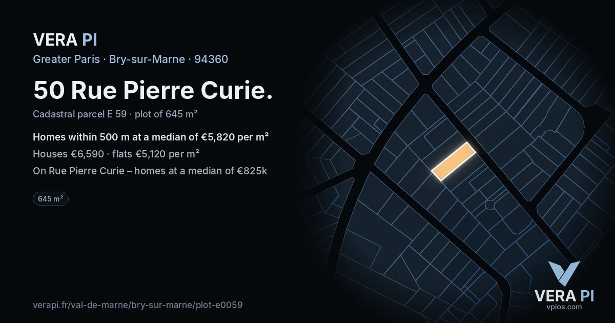 50 Rue Pierre Curie, Bry-sur-Marne at night – the plot lit, the parcels around coloured by the prices near them