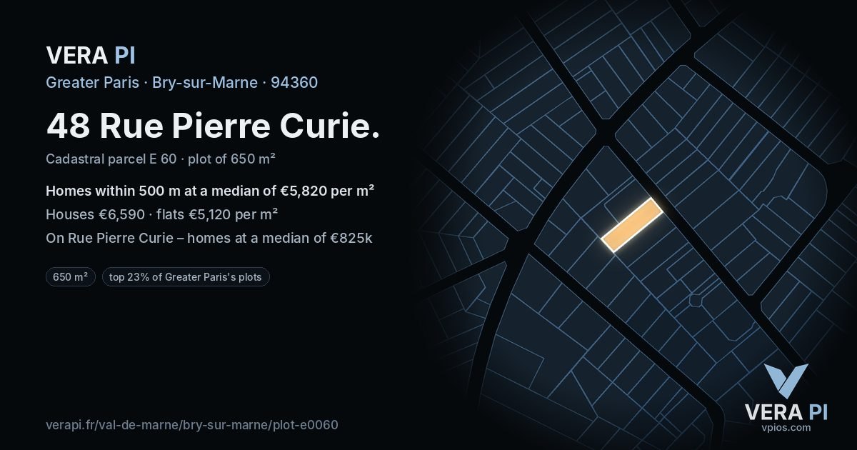 48 Rue Pierre Curie, Bry-sur-Marne at night – the plot lit, the parcels around coloured by the prices near them
