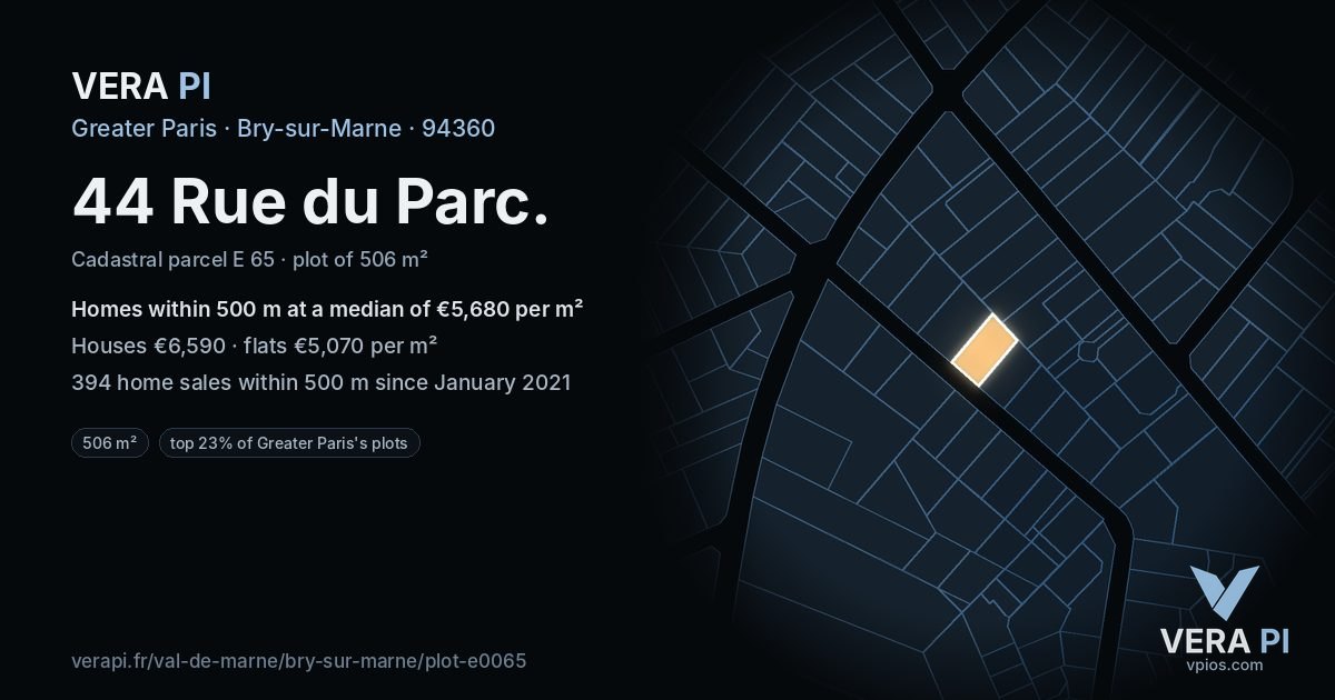 44 Rue du Parc, Bry-sur-Marne at night – the plot lit, the parcels around coloured by the prices near them